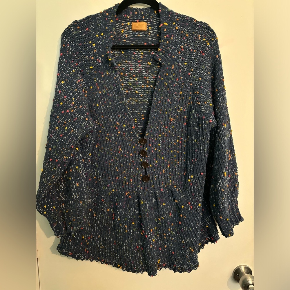 POL Womens Small‎ Chunky Oversized Sweater Blue Confetti Peplum Button V Neck